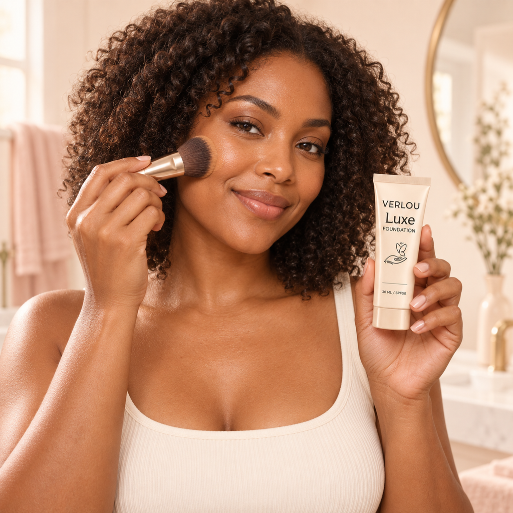 Woman applying foundation with a brush while holding Verlou Luxe