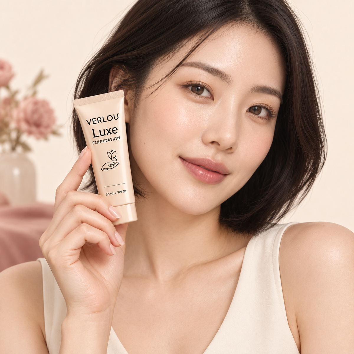 Woman holding Verlou Luxe foundation in soft daylight
