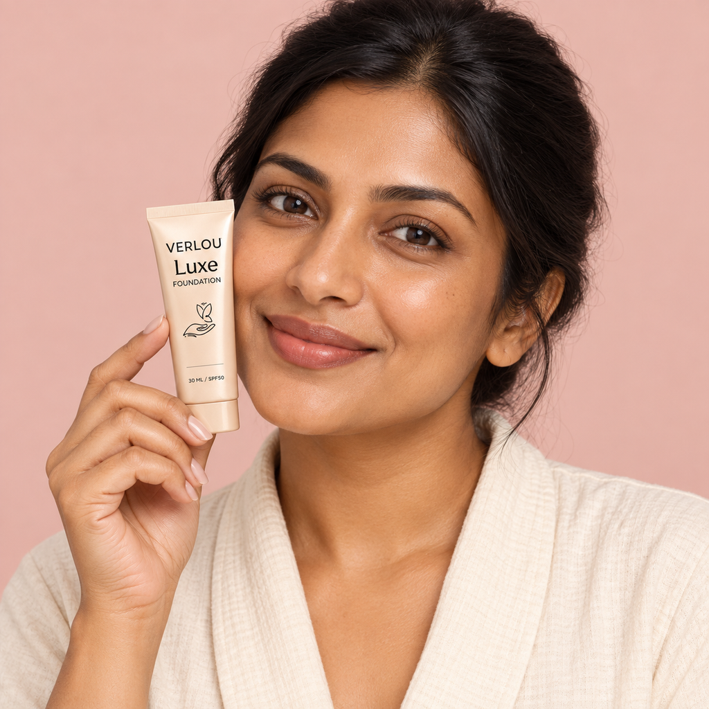 Woman holding Verlou Luxe beside her cheek against a rose background